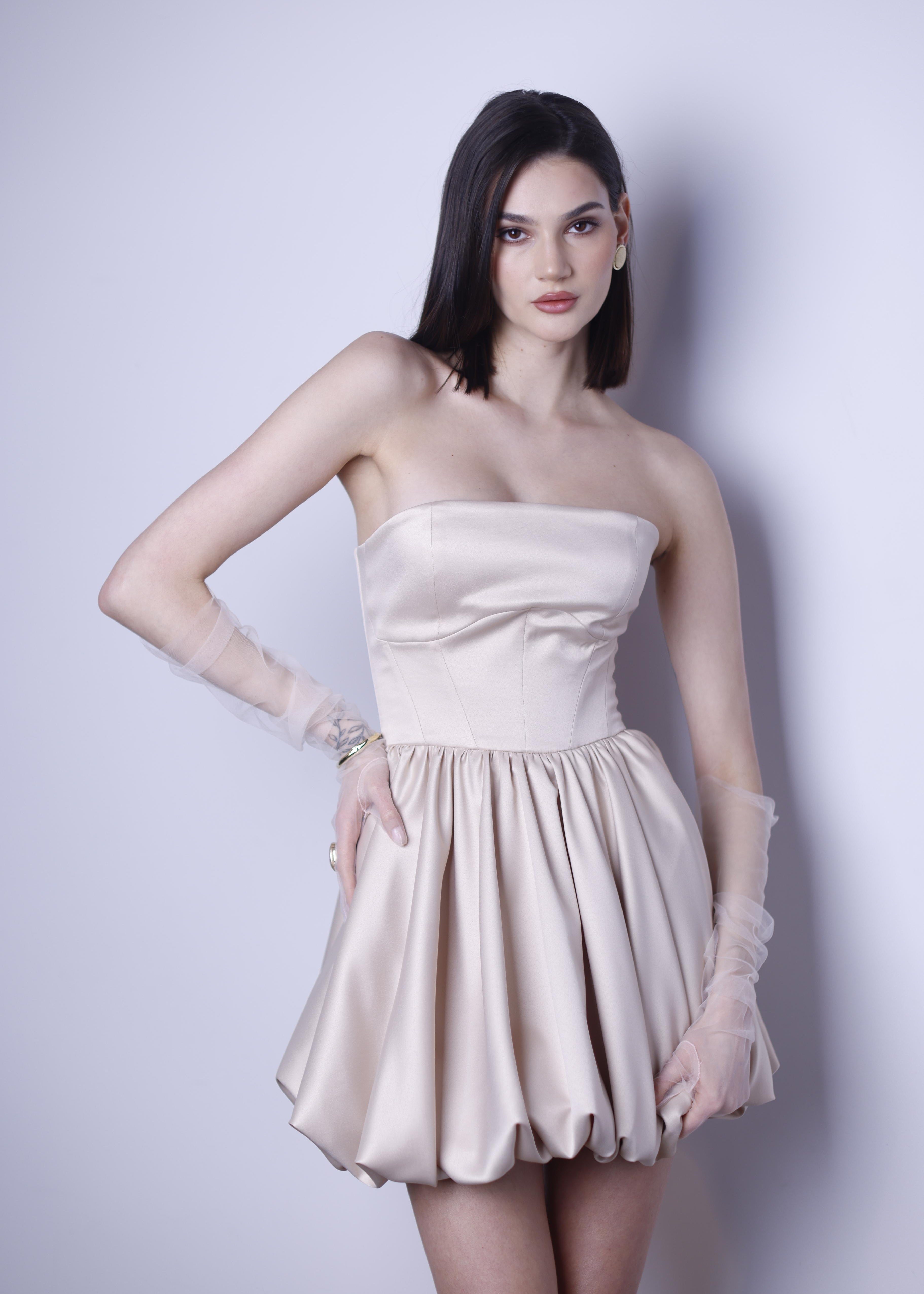 SATIN DRESS SUN FLARE MINI BEIGE be:POSH SATIN DRESS SUN FLARE MINI BEIGE be:POSH