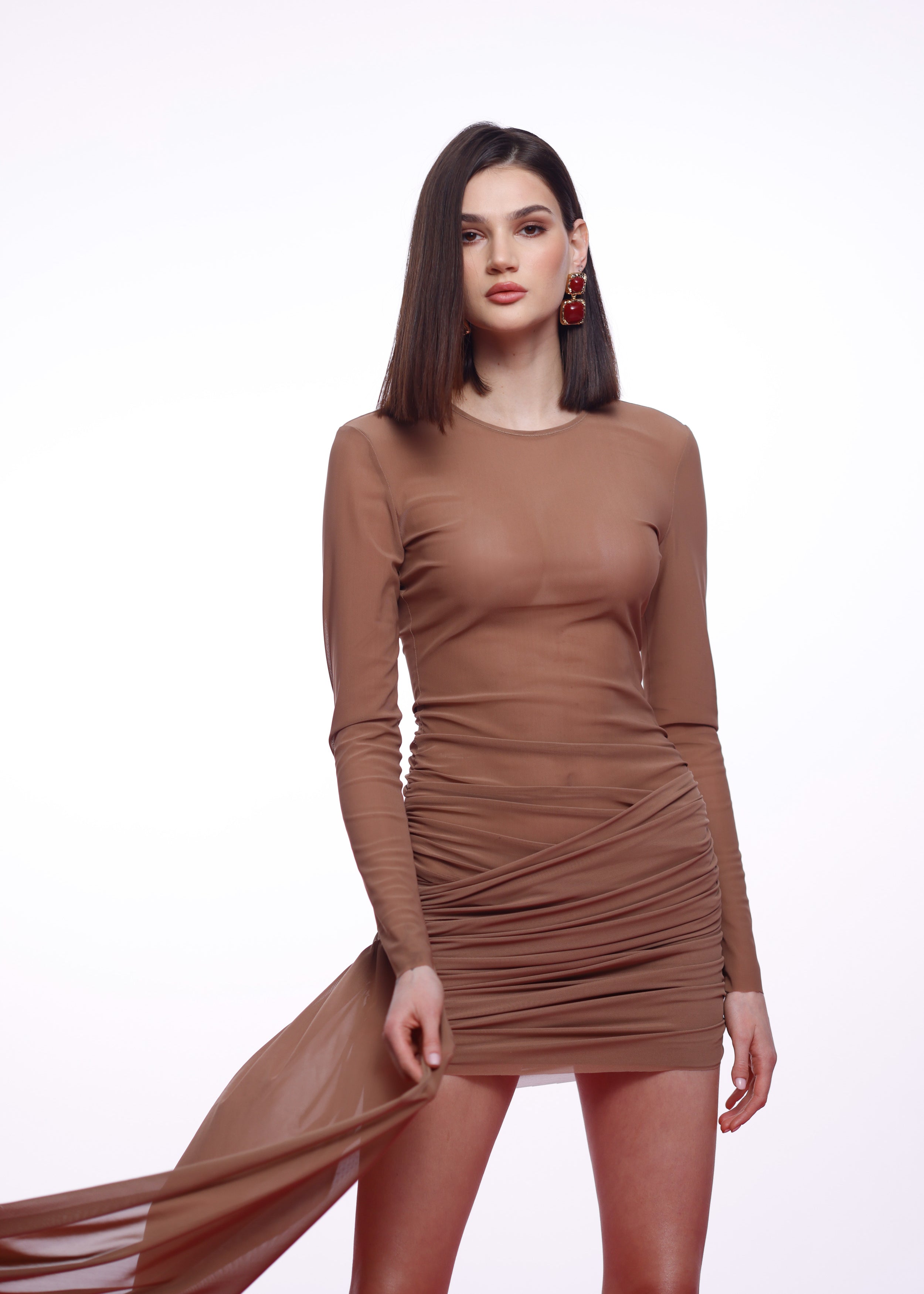 MESH ASYMMETRIC DRAPED MINI DRESS BEIGE be:POSH MESH ASYMMETRIC DRAPED MINI DRESS BEIGE be:POSH